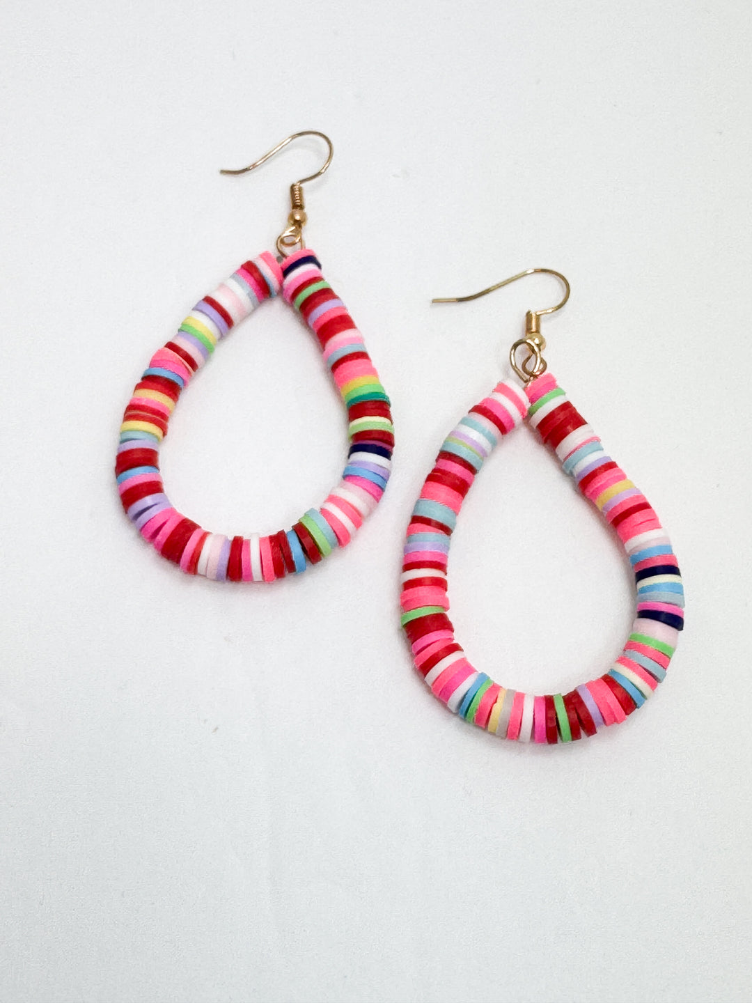 flat neon colored beaded earrings in a teardrop design