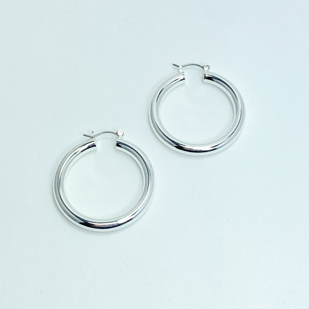 Thick Round Silver Hoop Earrings