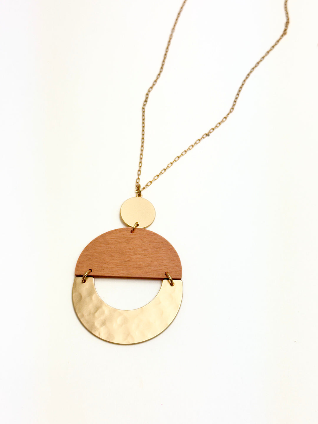 Long Gold Necklace with Light Tan/Gold Pendant