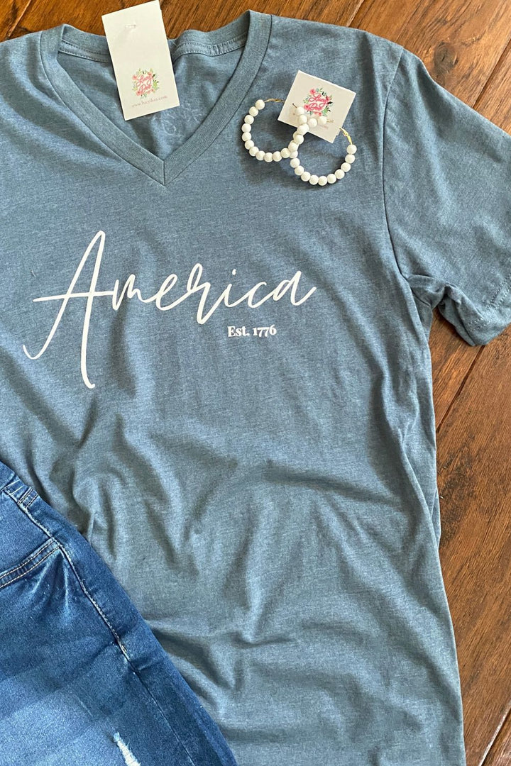 smokey blue v-neckline tshirt-america est 1776