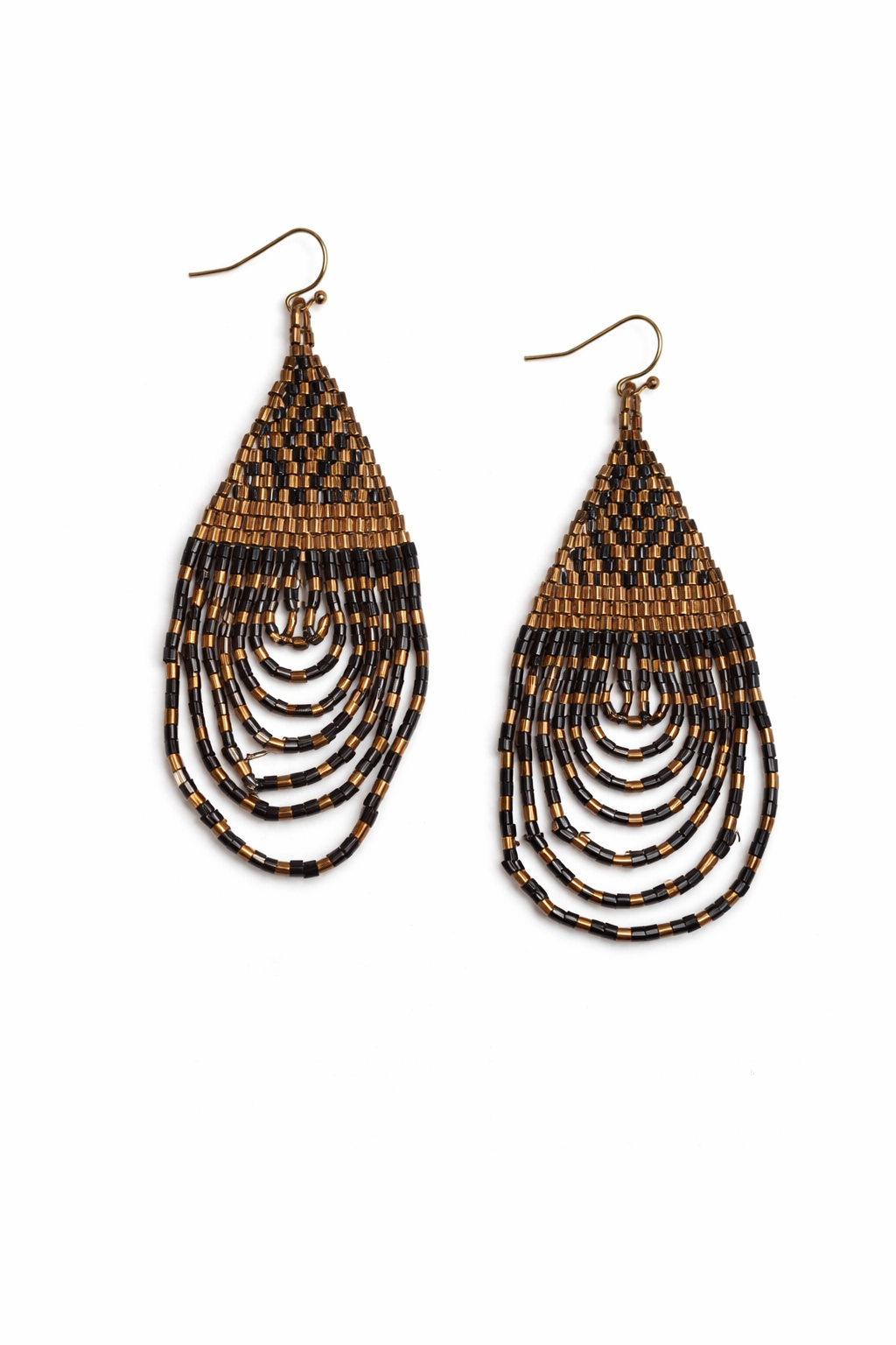 Pair of beaded earrings with a black and gold pattern on a white background