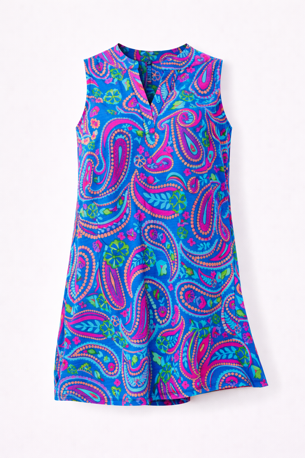 Colorful sleeveless dress with a paisley pattern on a white background