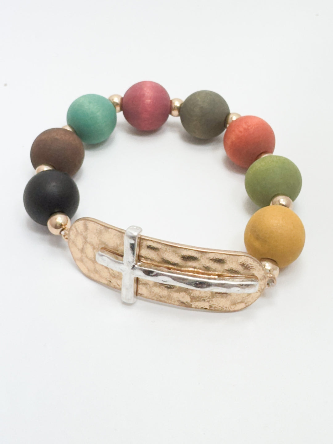 colorful wooden beaded bracelet with gold/silver cross accent