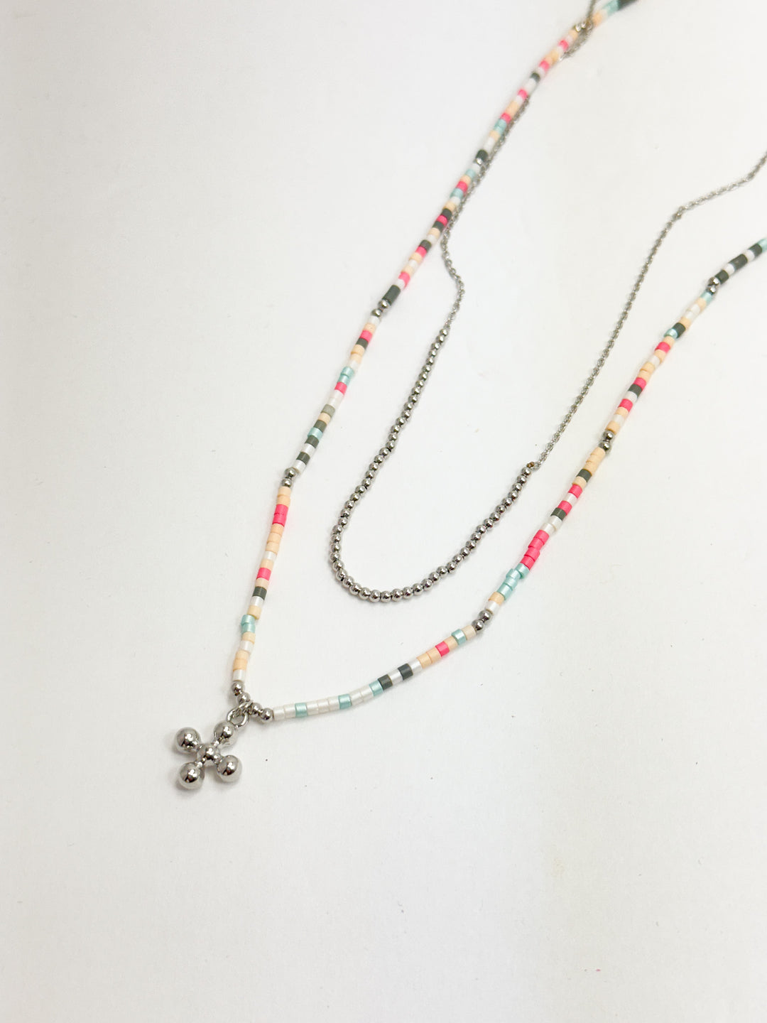 Pastel Beaded Layered Necklace w/ Cross Pendant