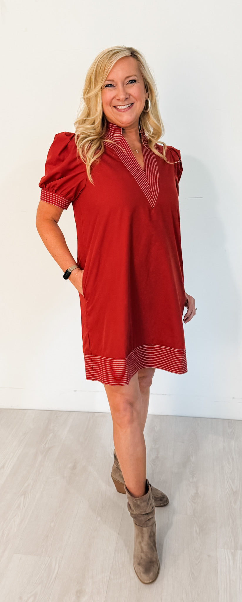 Brick Charm Puff Sleeve Dress