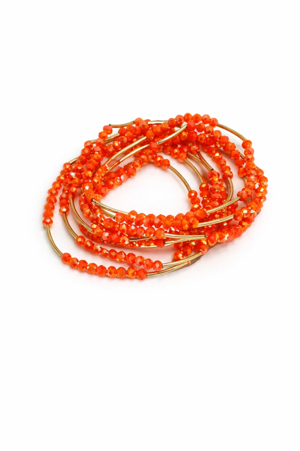 Orange beaded bracelets on a white background
