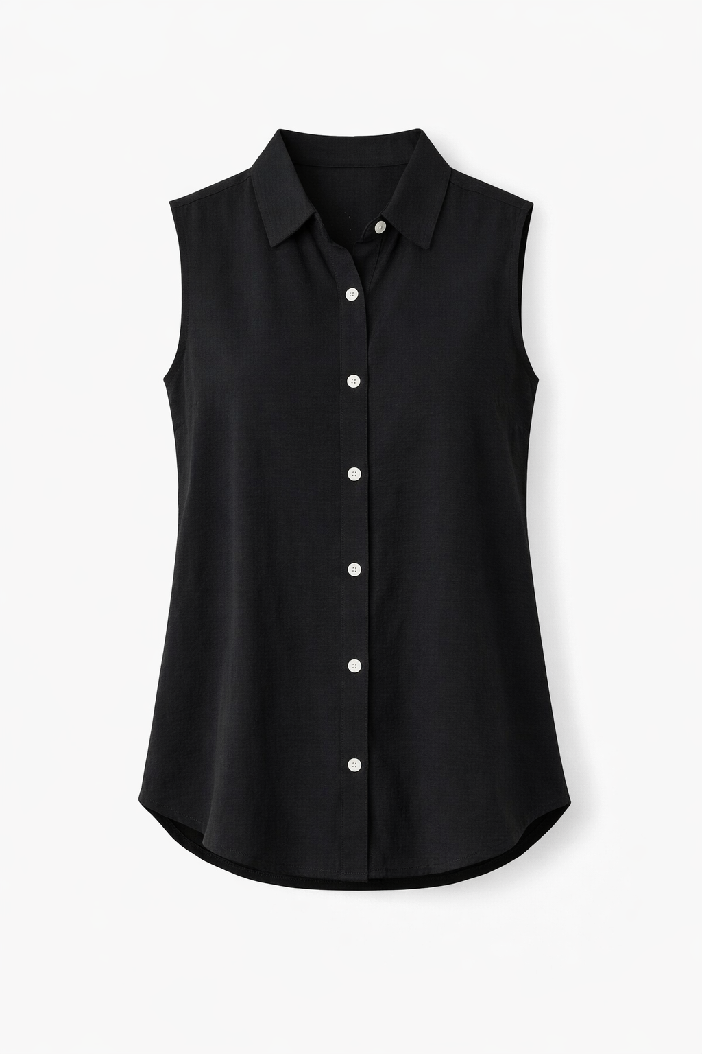 Black sleeveless shirt with white buttons on a white background