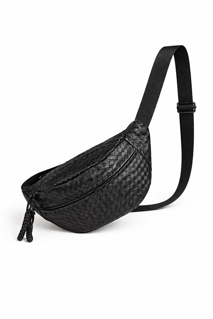Black woven patterned waist bag on a white background
