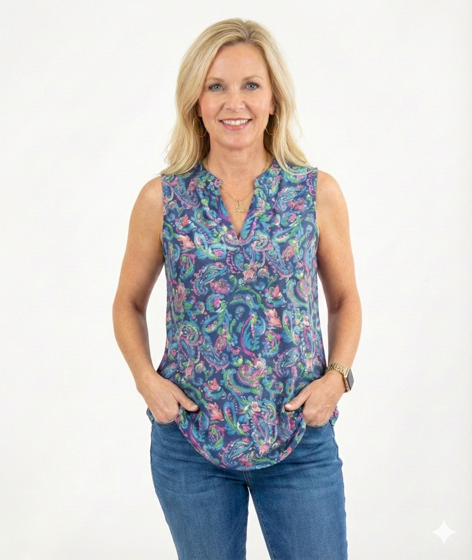 blue and green paisley Dear Scarlett sleeveless top