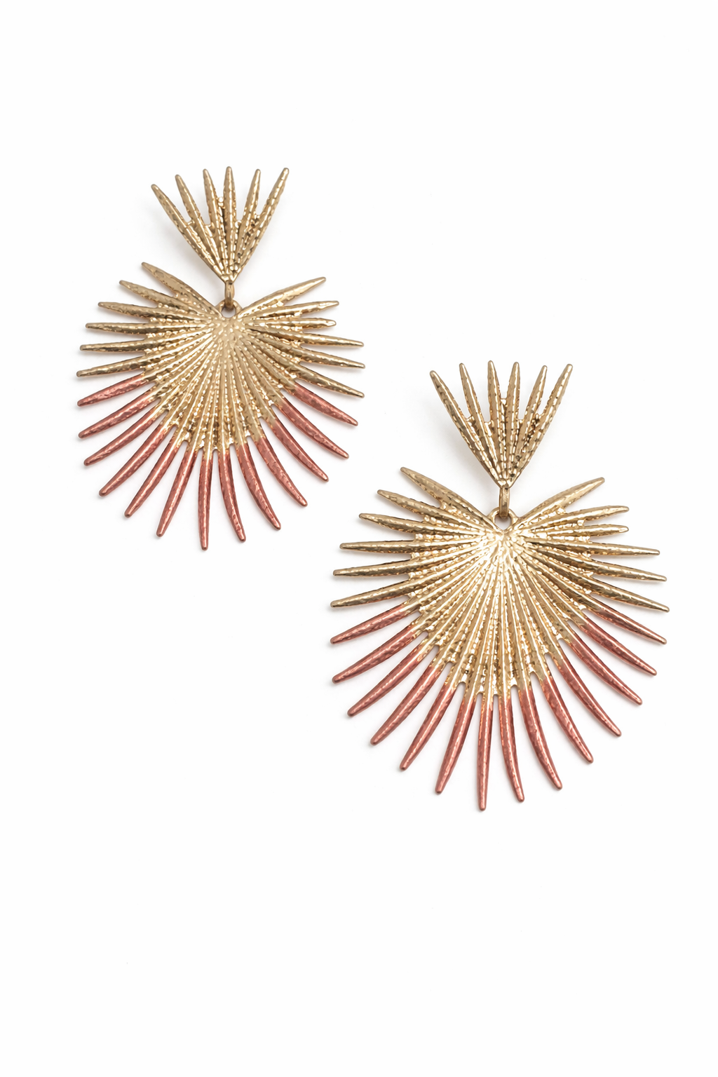 Pair of gold and pink earrings on a white background