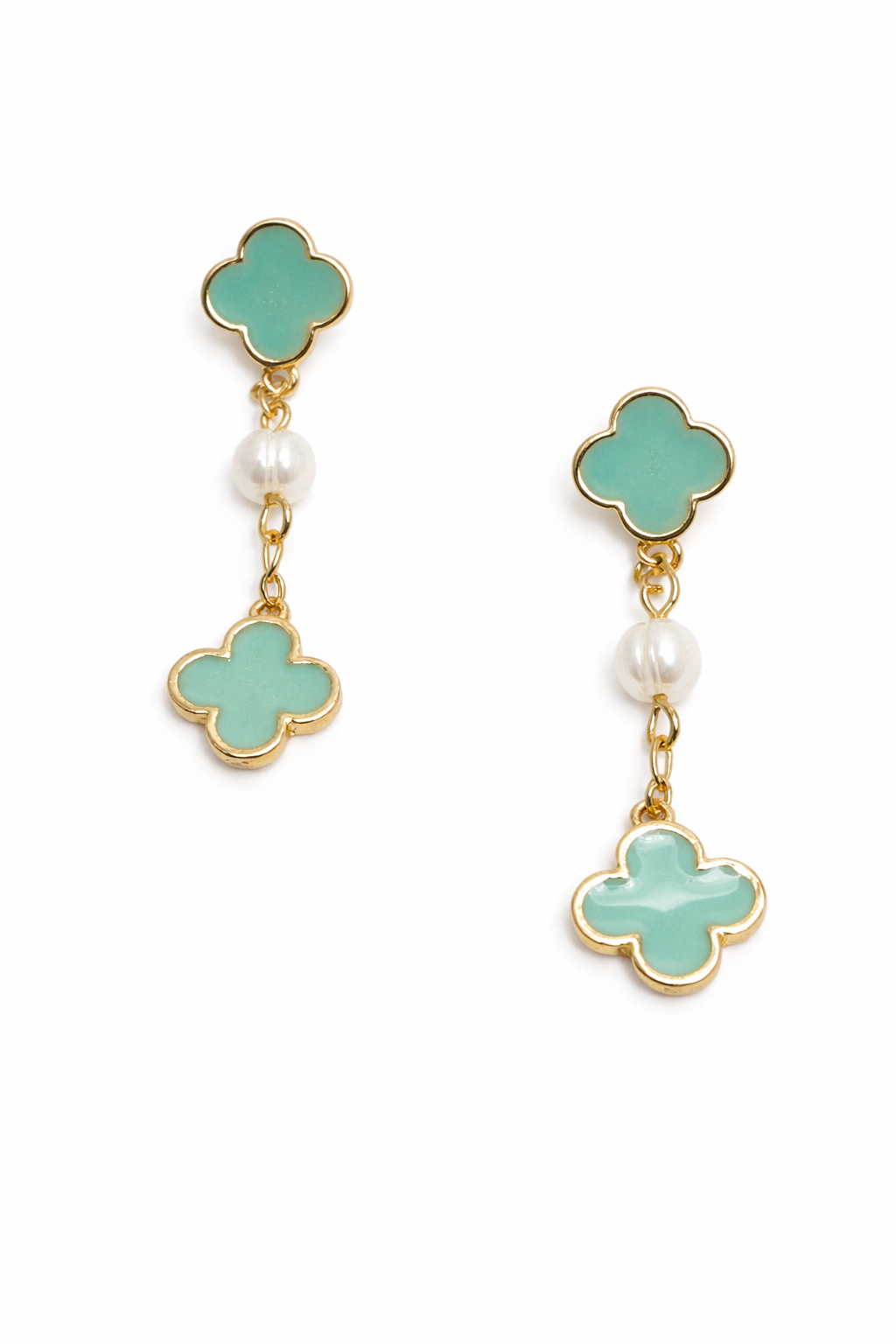 Pair of earrings with turquoise clover-shaped drops and pearl accents on a white background