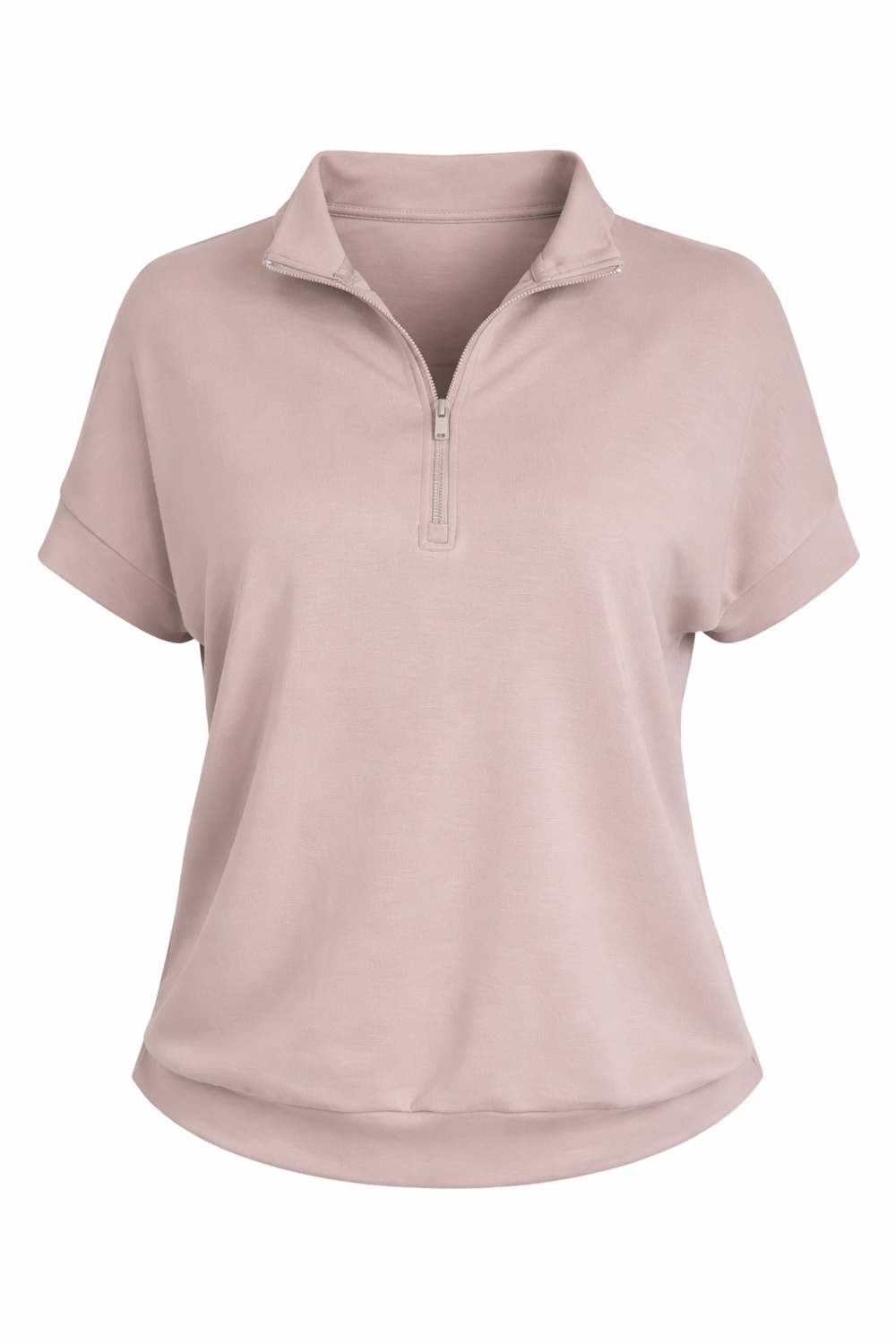 Pink short-sleeve shirt with a quarter zip on a white background