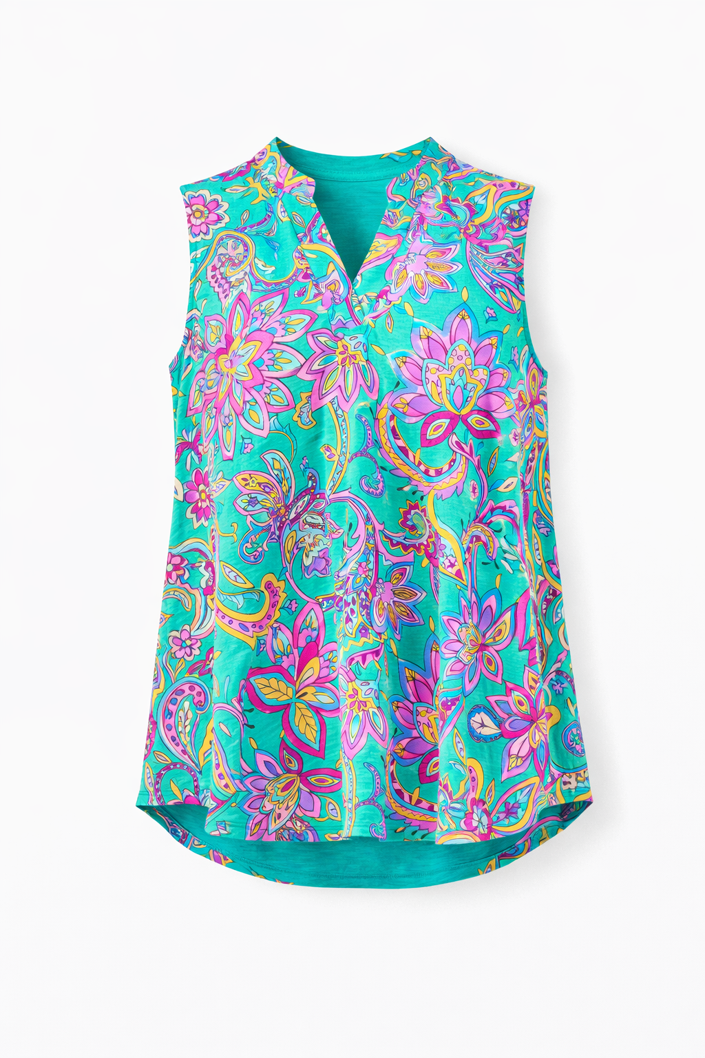 Colorful sleeveless top with floral pattern on a white background