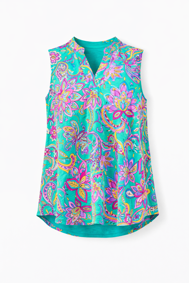 Colorful sleeveless top with floral pattern on a white background