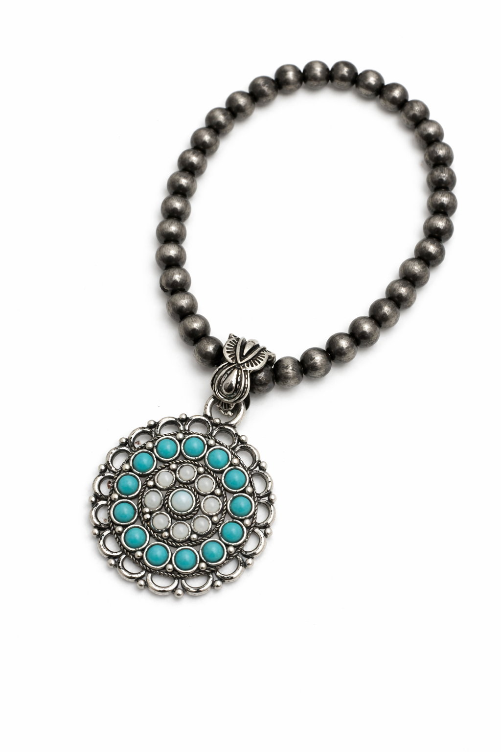 Bracelet with turquoise stone pendant on a white background