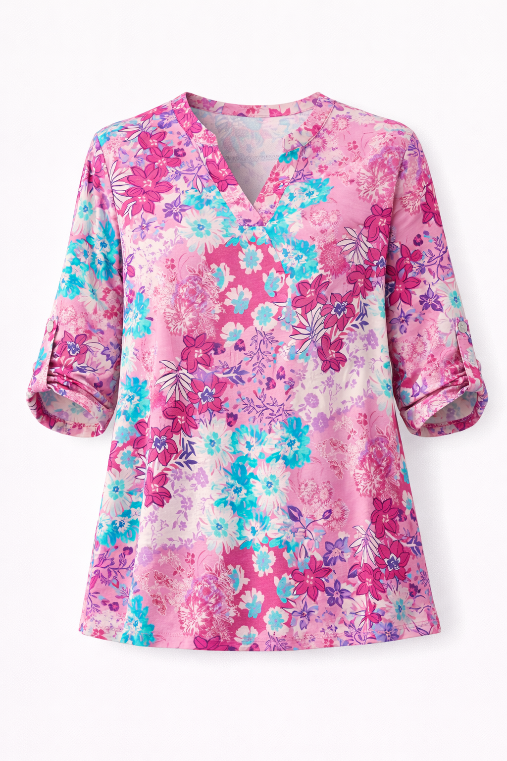 Floral patterned blouse with pink, blue, and white colors on a white background