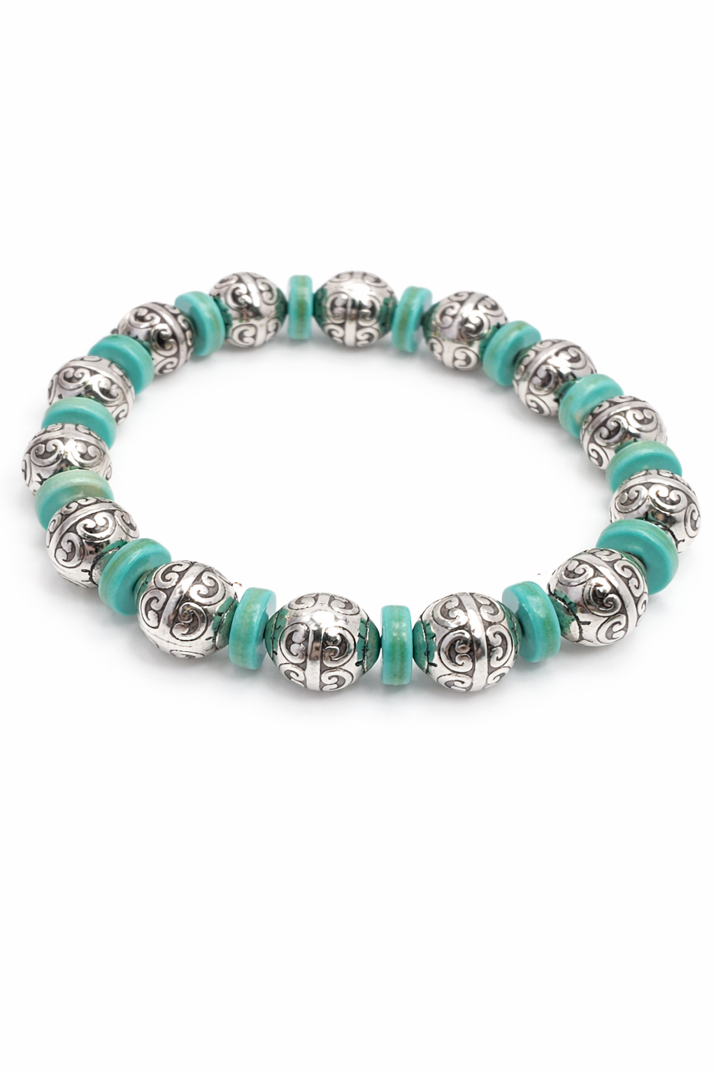 Turquoise and silver beaded bracelet on a white background