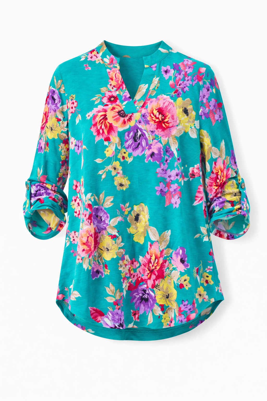 Turquoise blouse with colorful floral pattern on a white background
