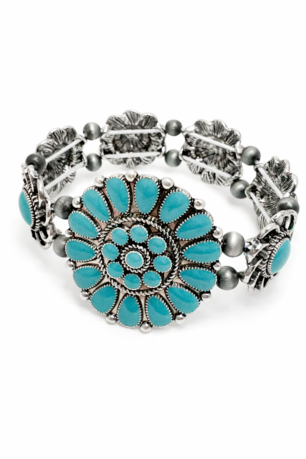 Turquoise beaded bracelet with silver accents on a white background